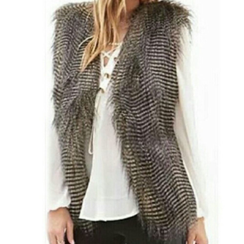Tobi Black & Grey Long Fur Faux Fur Vest